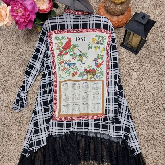Hand Crafted Tops - 3053 Size 1X Upcycled Poly-Spandex Button Down Tunic in Black And Red.